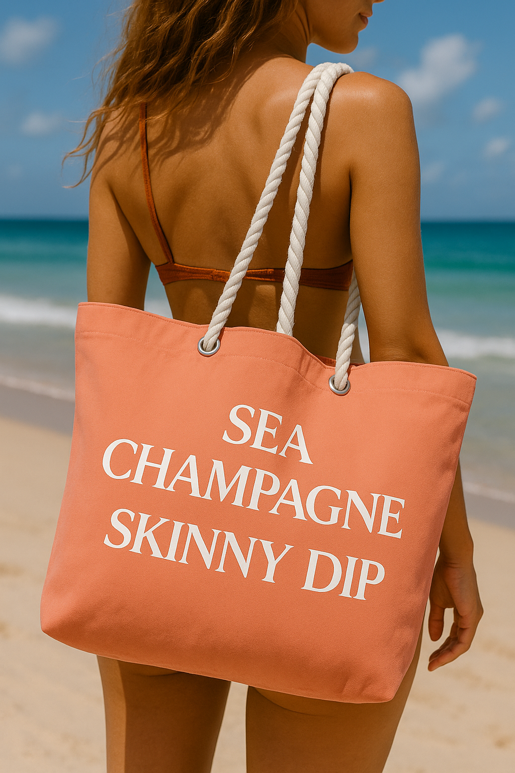 Sea, Champagne, Skinny Dip Tote in Coral